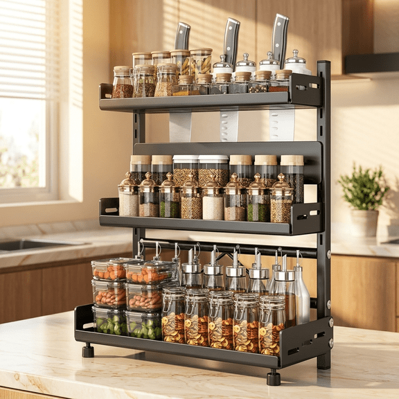 3-Tier Carbon Steel Spice Rack Organizer | Kitchen & Bathroom Countertop Storage Shelf | No Drill Wall Mount | 40x16x54cm Counter Organizer