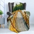 thumbnail image 4 of Countryside Soft Flannel Fleece Blanket, Bridge Timber Warm Tone Tourist Attractions River Traveling Waterscape, Cozy Plush for Indoor and Outdoor Use, 60" x 80", Mustard Tan Green, by Ambesonne, 4 of 5