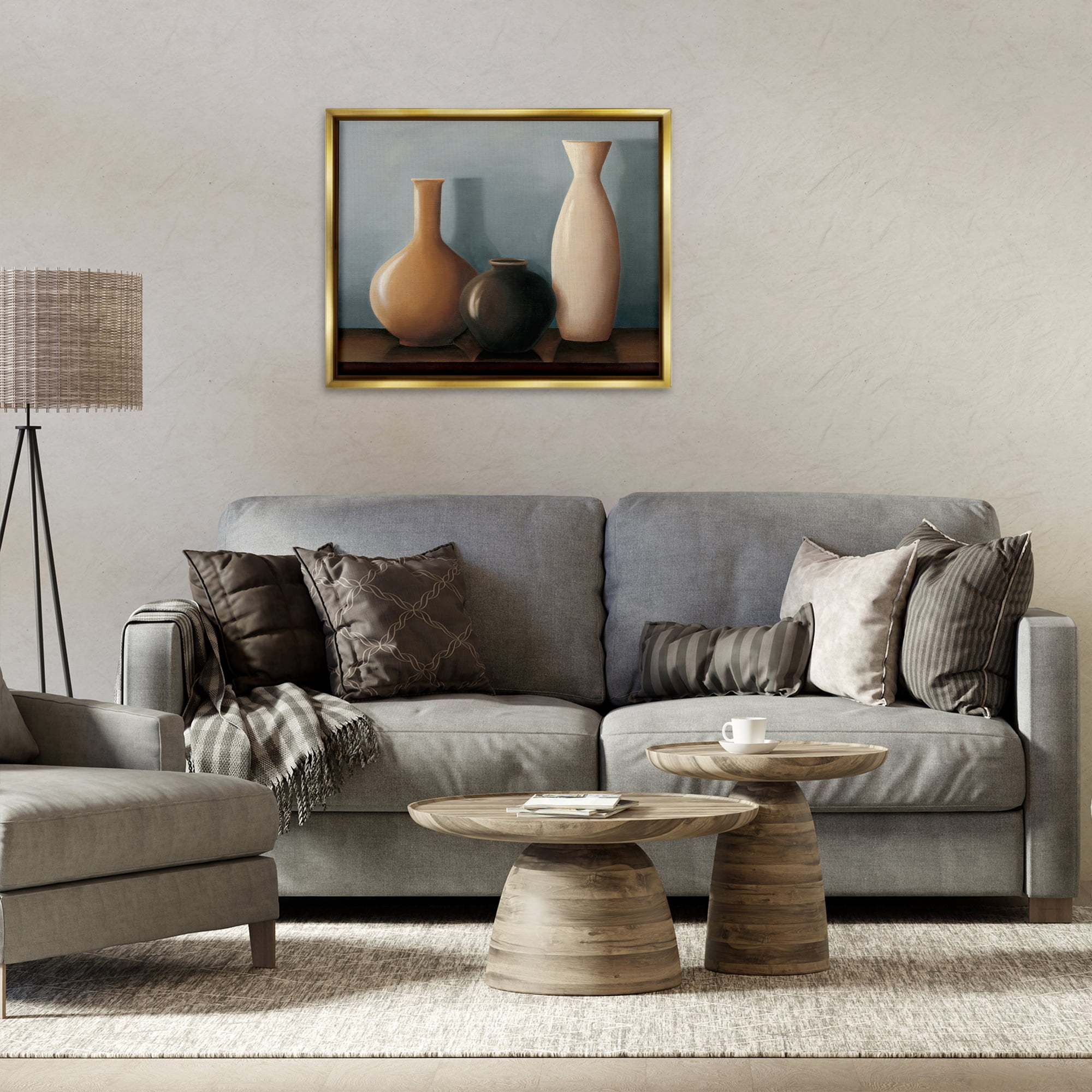 Stupell Industries Rustic Pottery Still Life Furniture Painting Gold Floater Framed Canvas Art Print Wall Art, 31 x 25