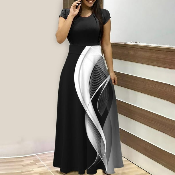 Puntoco Vestido Largo Estilo Resort Con Estampado Floral Empalmado De Manga Corta Para Mujer Vestido De Cuello Redondo De Manga Corta Negro Xxl,Regalos Para Mujer Joven