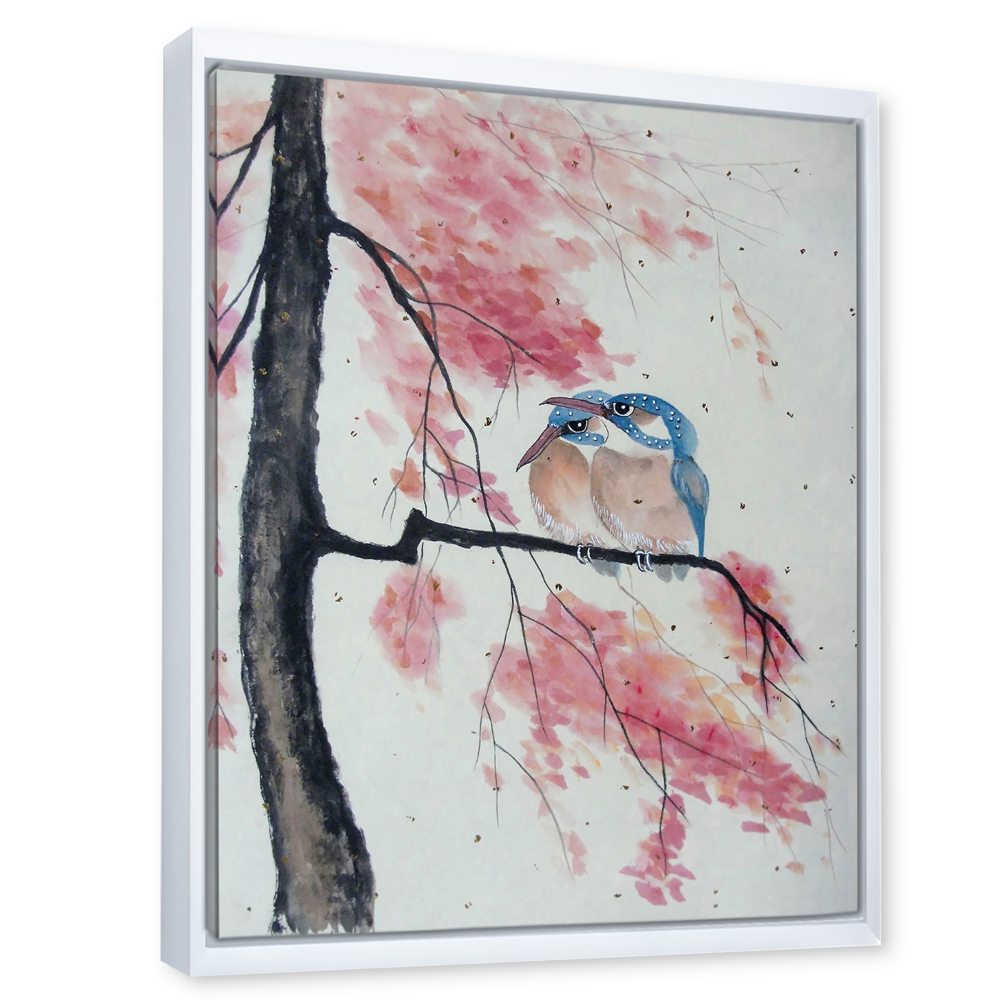 Designart 'Two Blue Kingfisher Birds Sitting On A Flowering Branch' Traditional Framed Canvas Wall Art Print