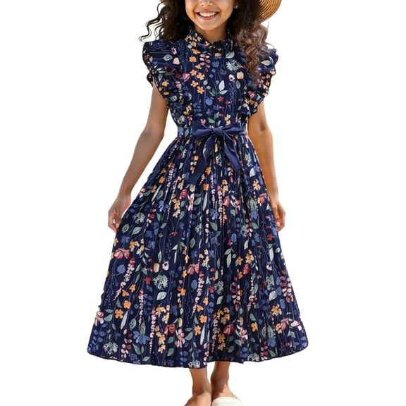 Lvshlubb Floral Dress for Girls Sleeveless Tie Waist Vacation Dresses Summer Causal Flowy Sundress Kids Clothes Girls Size 8-12