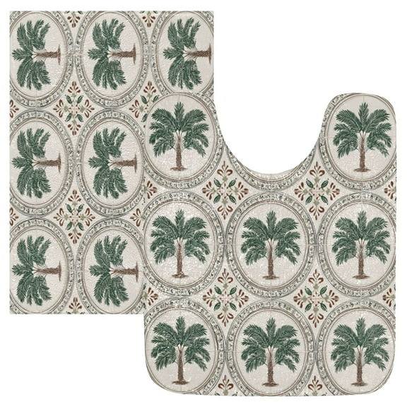 2 Piece Soft Bathroom Rug Set Circular Palm Tree Motifs Bath Mat and U-Shaped Toilet Contour Rug (16"x24" 20"x24")