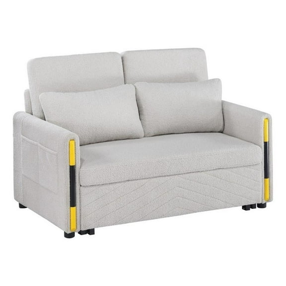 Pemberly Row Beige Teddy Velvet Fabric Sleeper Loveseat with Side Pockets