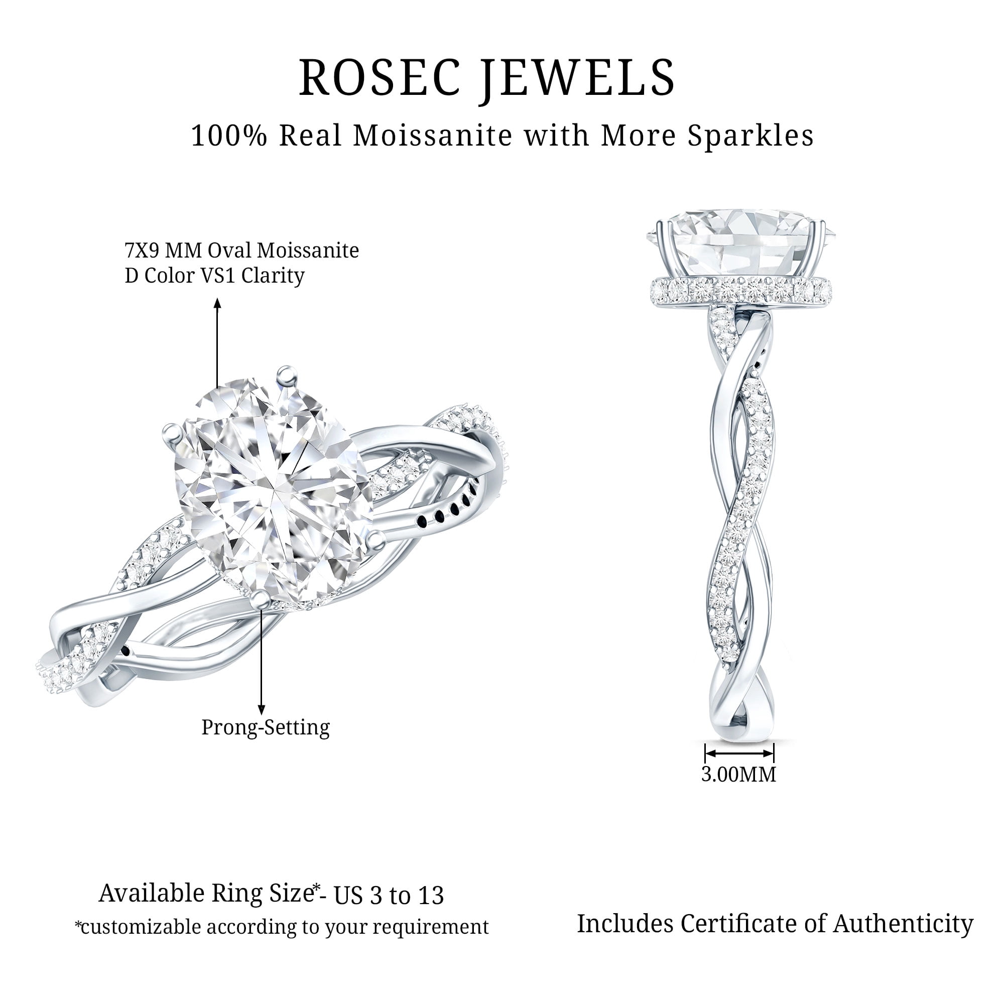 Rosec Jewels Oval Moissanite Hidden Halo Engagement Ring for Women (7X9 mm - 2 Ct - D-VS1 Grade), 14K White Gold, US 8.50