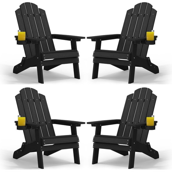 WINSOON All Weather HIPS Folding Adirondack Chairs Set of 4 Outdoor Chair Garden Patio Chair, Black Finish