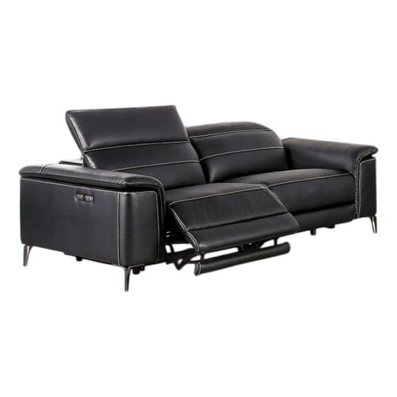 Benjara Cuny Power Reclining Sofa- Black Faux Leather- 88" Wall Hug
