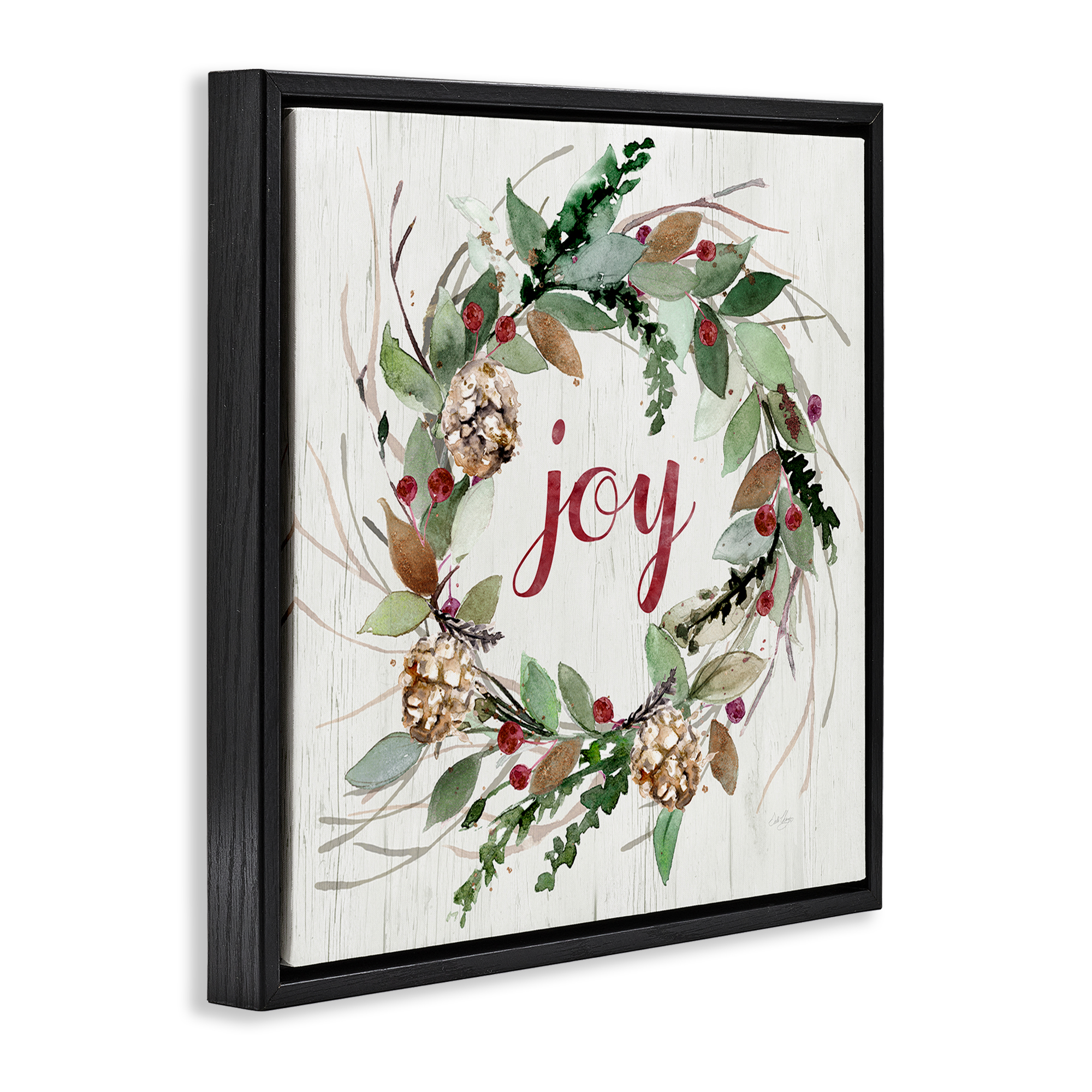 Stupell Industries Joy Seasonal Wreath Botanical & Floral Painting Black Floater Framed Canvas Art Prints Wall Art, 18 x 18