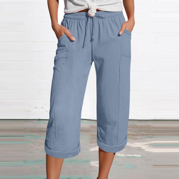 CQONEPT Womens Summer Linen Shorts Beach Pant with Pockets Summer Pants Stretch Straight Leg Drawstring Trousers Light Blue XL