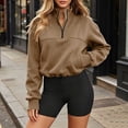 thumbnail image 2 of Puntoco Women's Quarter Zip Sweatshirt, Long Sleeve Fleece Lined Stand Collar Pullover, Casual Loose Fit Top with Pockets for Fall Winter Khaki-Y XL, 2 of 8