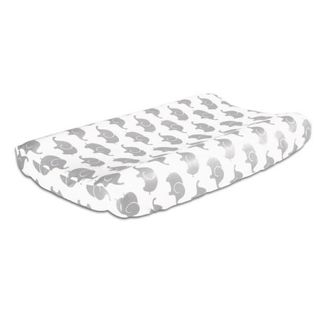 The Peanut Shell Baby Contoured Changing Pad Cover - Grey Elephant Print - 100% Cotton Sateen Fabrics, Fits 32 by 16 Inch