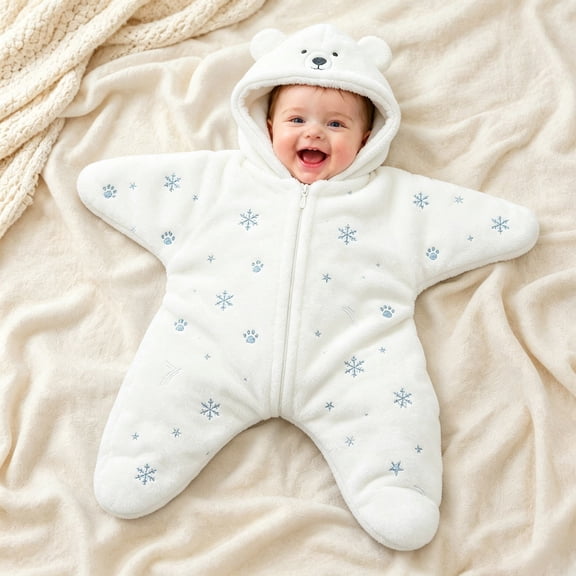 Starfish Baby Outfit, Winter Snowflake Polar Bear Star Shape Flannel Romper for Baby, Soft Warm Zip Suit, Cozy Holiday Sleepwear (Polar Bear 1, 70cm(0-3months))