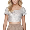 thumbnail image 2 of T Shirts for Women Sexy O-Neck Solid Sequins Short Sleeve Short Navel Blouse Tee Summer Tops for Women White M, 2 of 7