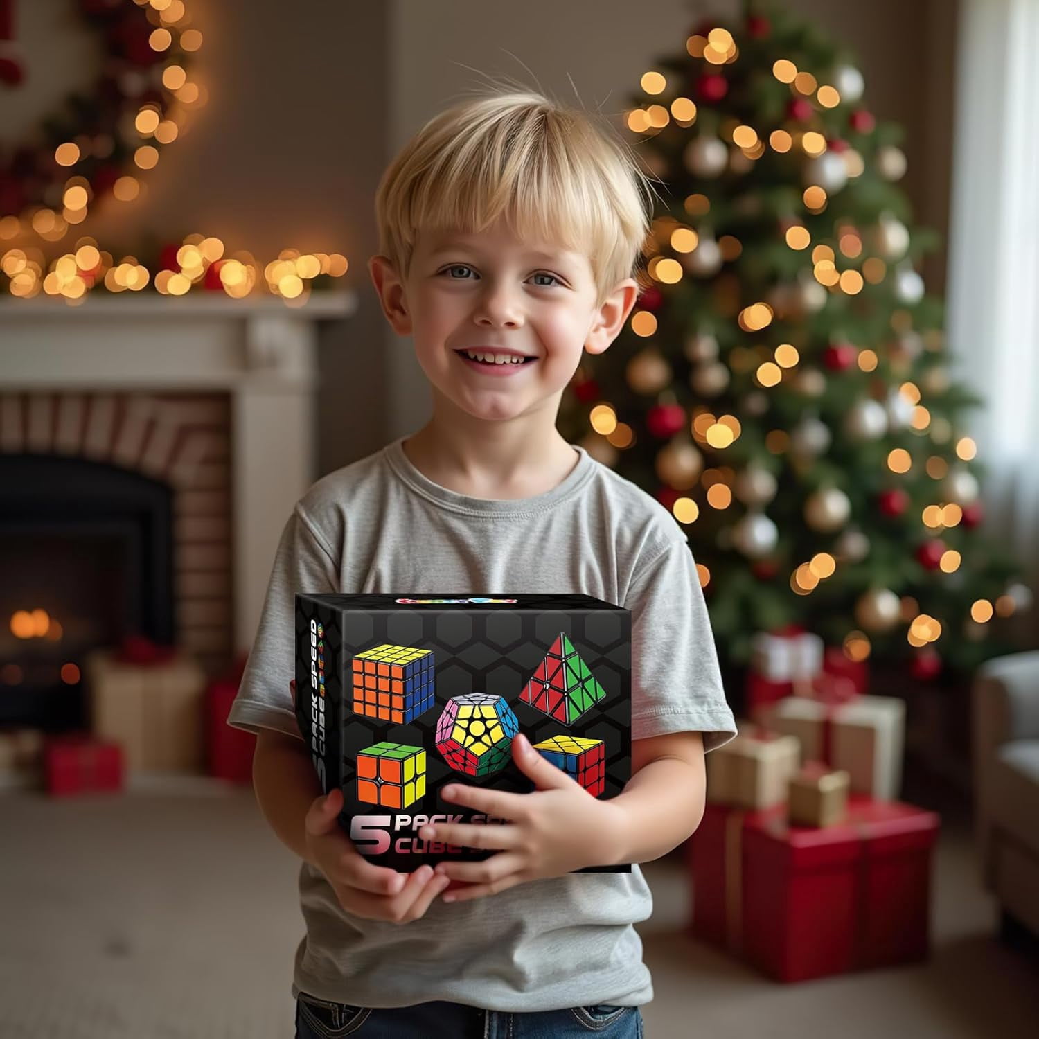AuntyFey 5 Pack Magic Speed Cube Set, 2x2, 3x3, 4x4, Triangle Megaminx Stickerless Speed Cubes for Kids & Adults