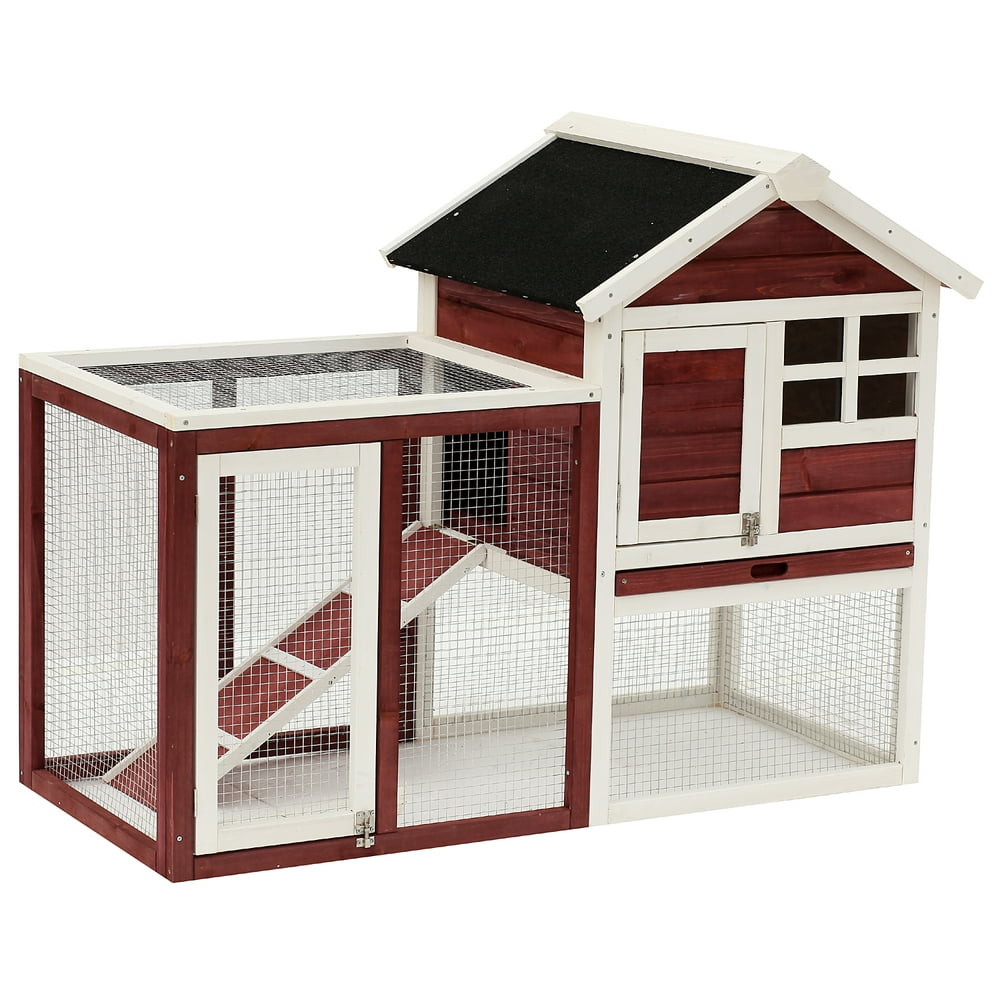Pawhut 48" Weatherproof Wooden Rabbit Hutch With Slant Roof And