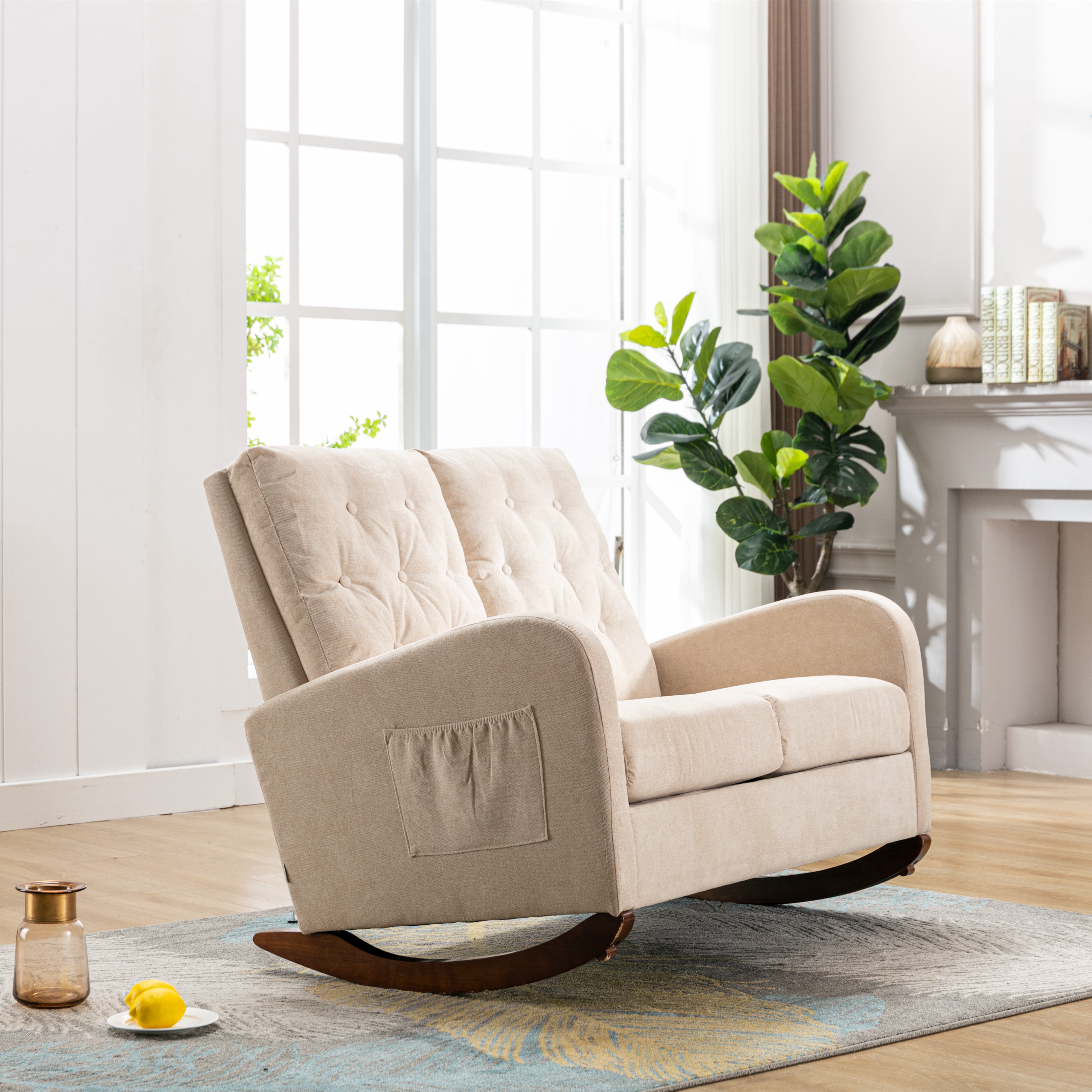 Bellemave Fashion Double Rocking Sofa with High Backrest and Pocket, Rocker Chair with Spacious Wing-back and Padded Seat for Living Room, Bedroom, Nursery(Beige)