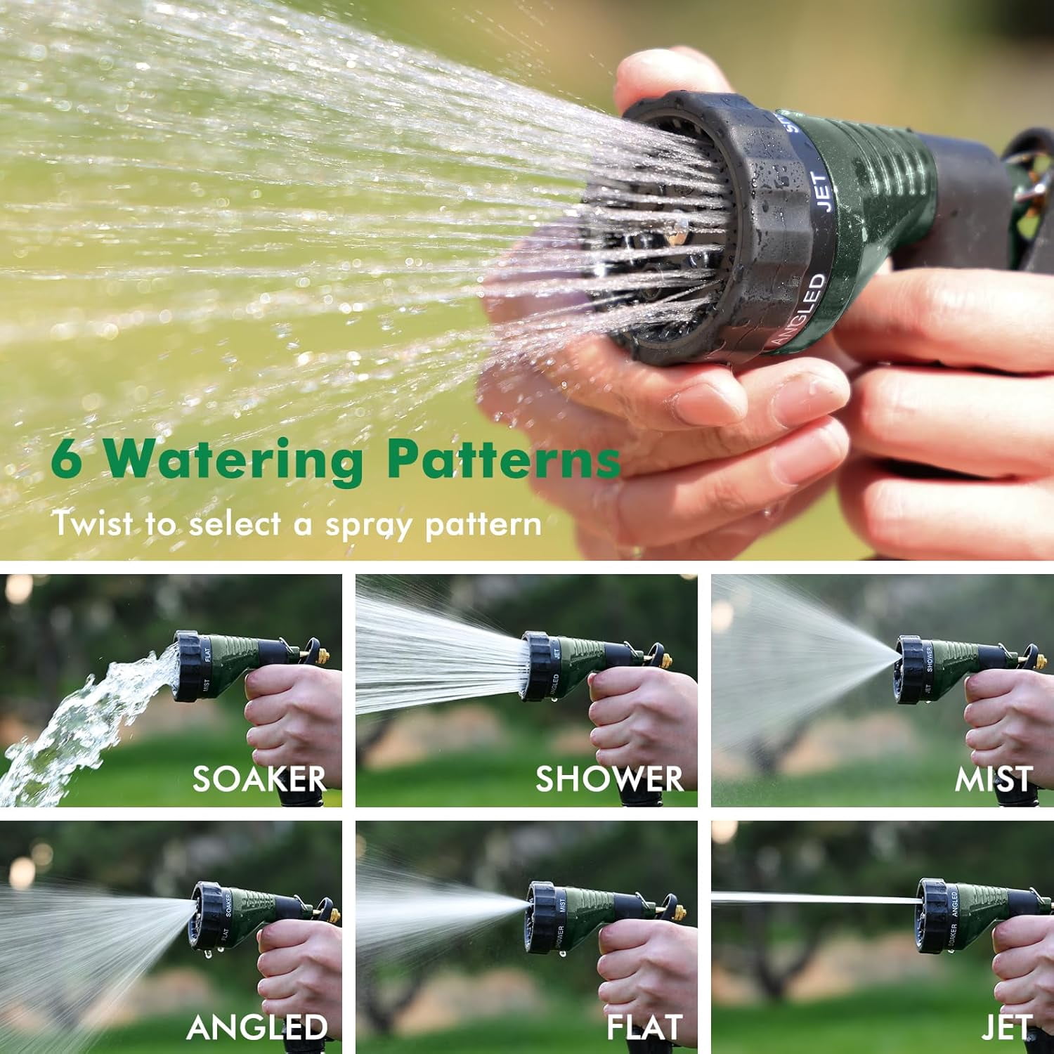 Garden Hose Spray Nozzle, Water Hose Nozzle Heavy Duty, High Pressure Hand Sprayer with 6 Adjustable Watering Patterns, Slip Resistant for Watering Plants, Car Washing & Pet Showering, Green