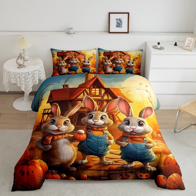 YST Cute Rabbit Comforter Set Full,Farmhouse Animal Print Bunny Bedding Set Kawaii Room Decor,Halloween Pumpkin Comforter Set Rustic Cabin Style Cartoon Animals Quilt Bed Set 3Pcs