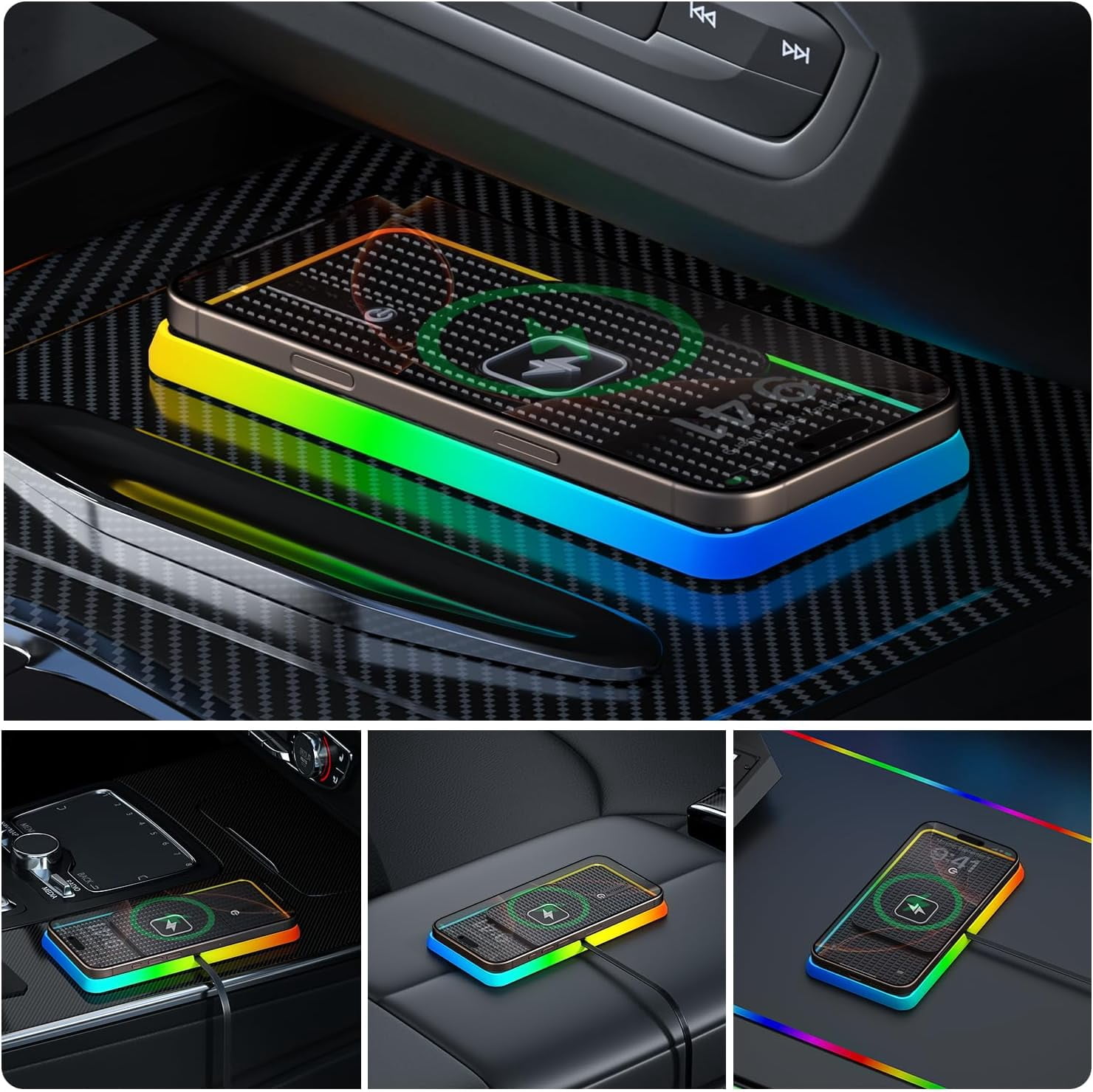 Wireless Charger car Charging pad,FHDFHD 15W Wireless Phone Charger,RGB Cell Phone Cordless Charging mat Compatible with iPhone 16/15/14/13/12 Galaxy S23 S22 S21 Note10(k1)