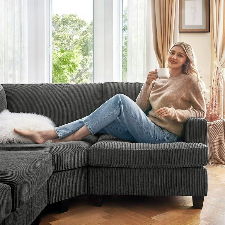 Honbay Modular Sectional Sleeper Sofa Bed Corduroy Convertible 6 Seater with Flexible Storage Chaises for Living Room Dark Grey