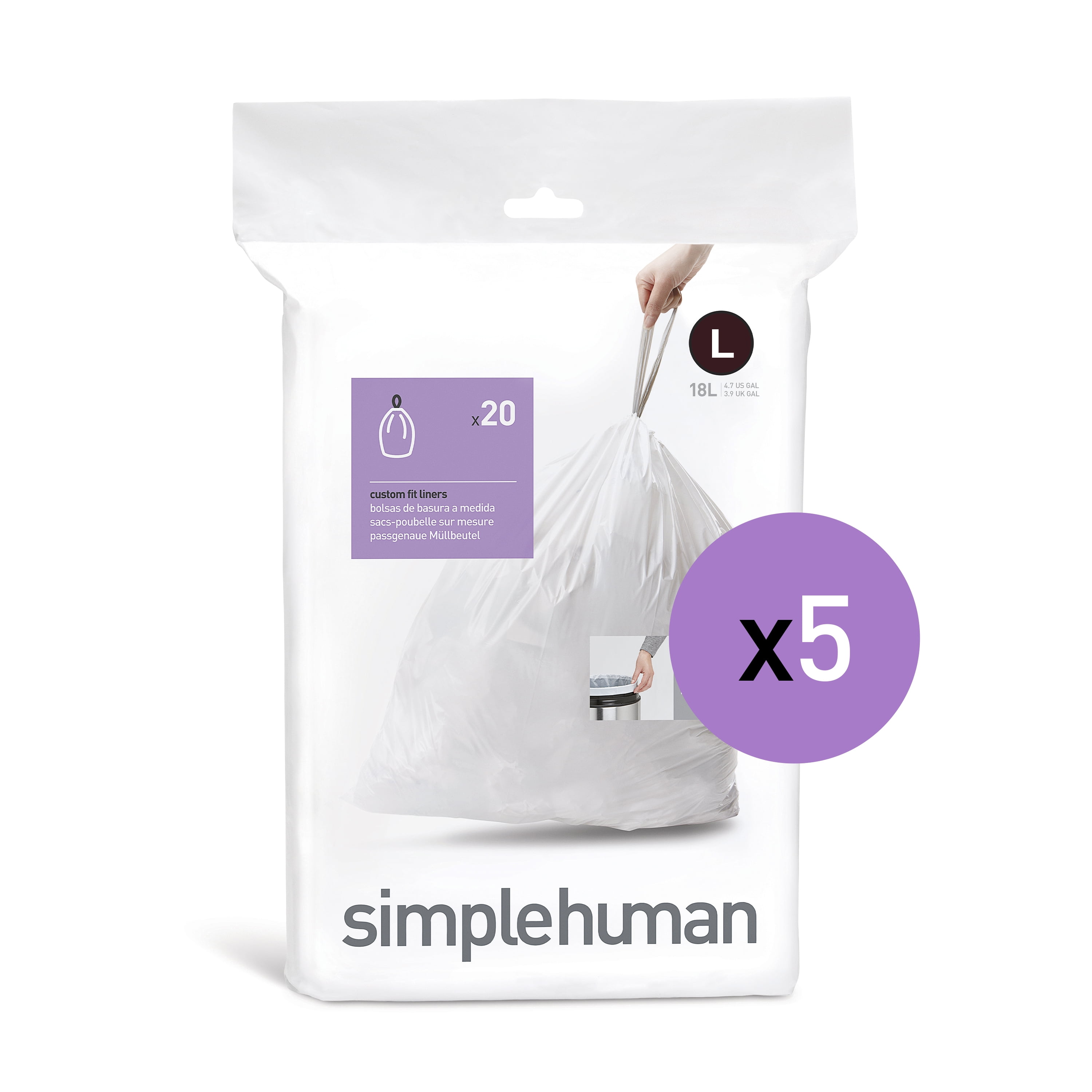 simplehuman Code L Custom Fit Drawstring Trash Bags, 18 Liter / 4.76