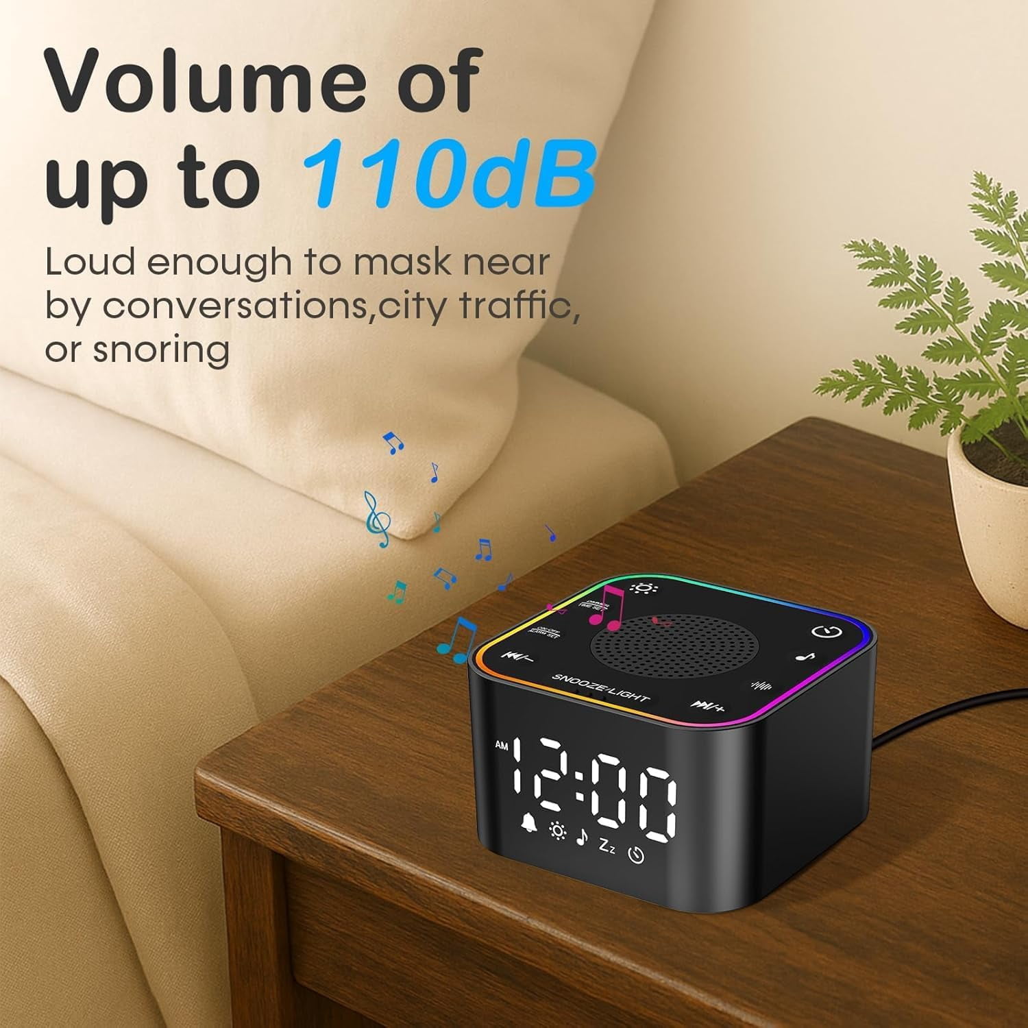 Sound Machine with : 30 Non-Looping Sleep Sounds - White Noise for Natural Wake Up - Adjustable Volume & Light, Memory Function, Sleep Timer (Black)