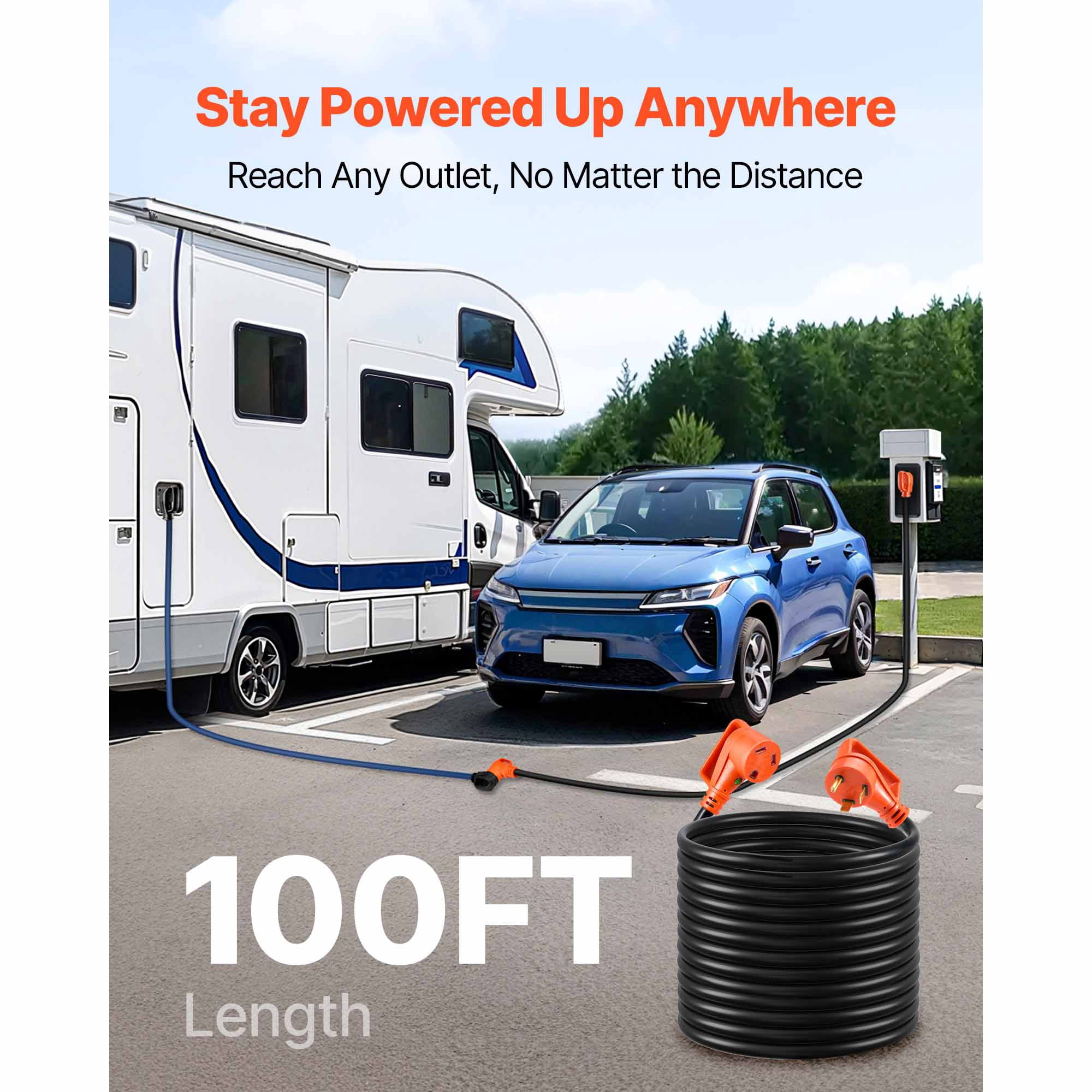 KFFKFF 100ft 30A RV Extension Cord, Durable STW 10/3 Gauge Wire, NEMA TT-30P to NEMA TT-30R, Includes LED Power Indicator, Handle, and 15A Adapter, Suitable for RVs, 125V/2500W