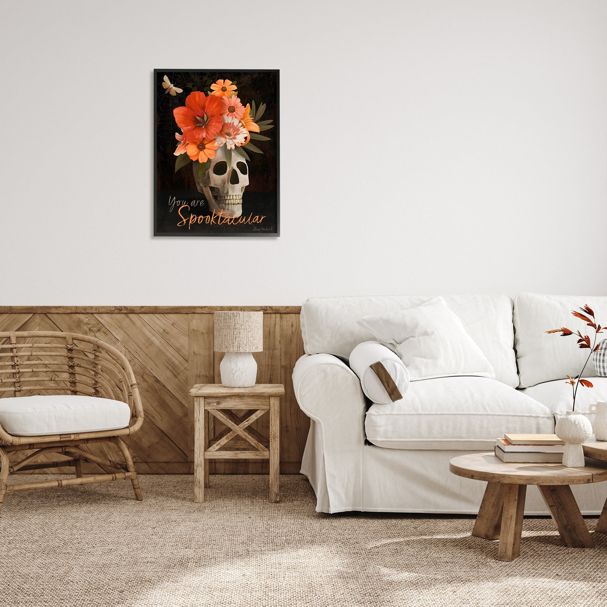 Stupell Industries Spooktacular Halloween Skull Flower Arrangement Spider Web Graphic Art Black Framed Art Print Wall Art, Design by Diane Neukirch