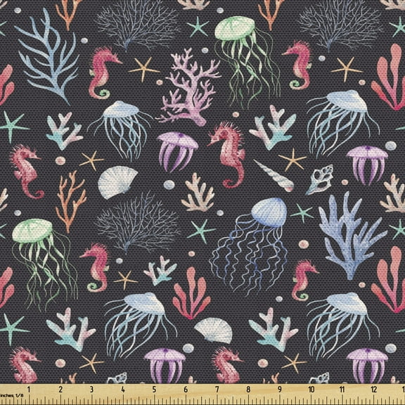 Ambesonne Under the Sea Fabric by the Yard Upholstery, Sea Life Animals, 2 Yards, Multicolor