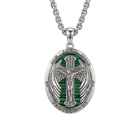 YAFEINI Jesus Cross Necklace for Men Women, Vintage Angel Wing Crucifix Pendant Religious Christian Amulet Jewelry Gift (08-Our Lord of Jesus (Oval Malachite))