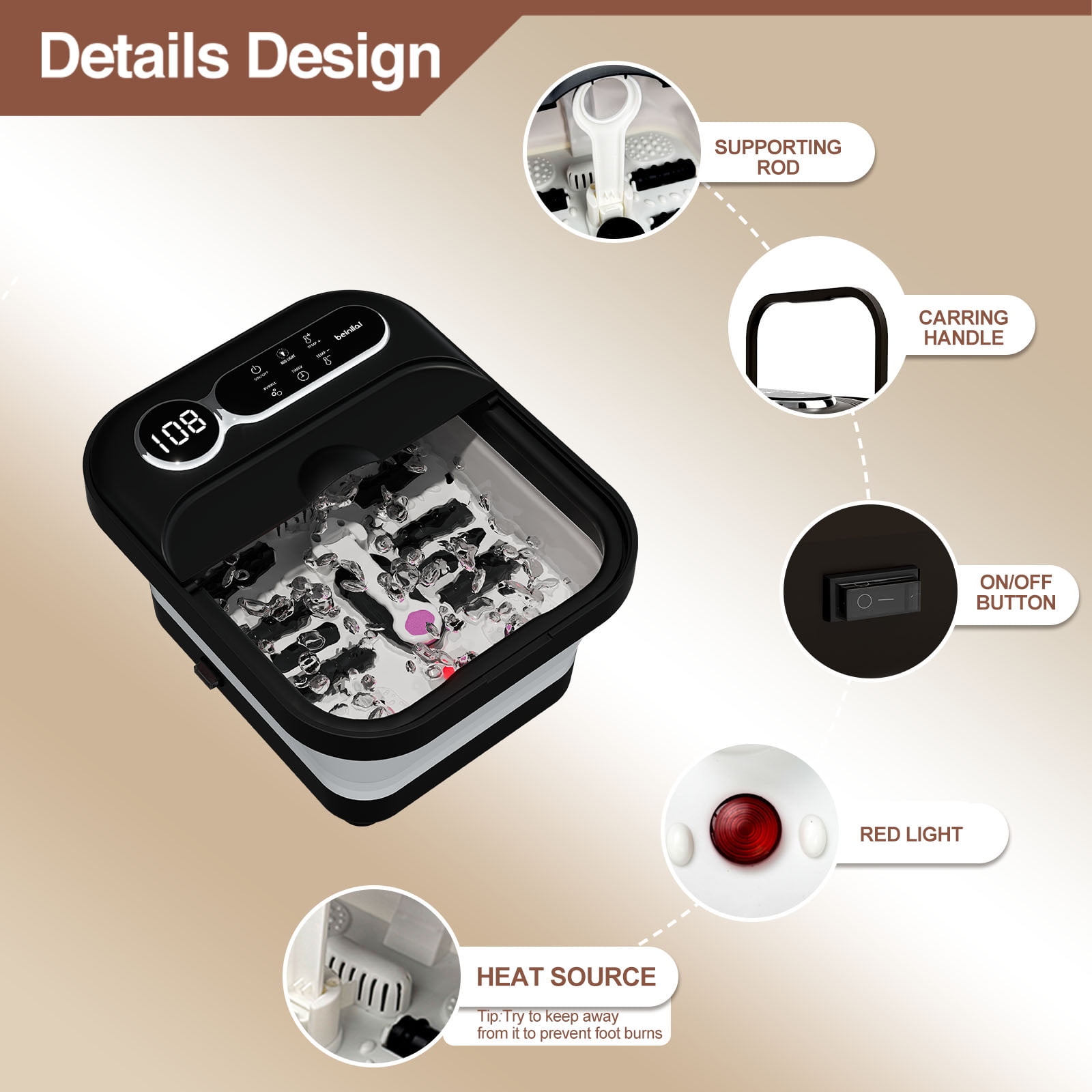Beinilai Collapsible Foot Spa Bath Massage with Heat,Precise Temperature Control,6 Massage Roller,Bubble and Removable Pedicure Stone for Care Feet