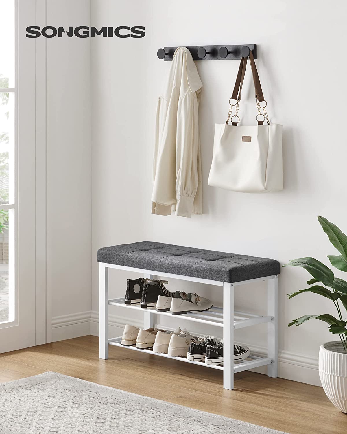 Songmics Shoe Storage Bench with Cushion, White and Gray photo 8