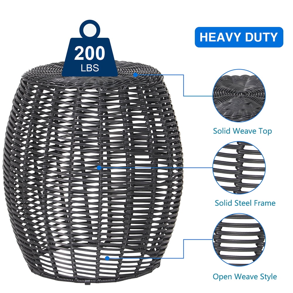 Abble Patio Side Table, Wicker Small Round Metal End Table, Rattan Accent Table for Outside Garden Stool, Outdoor Ottoman - Black