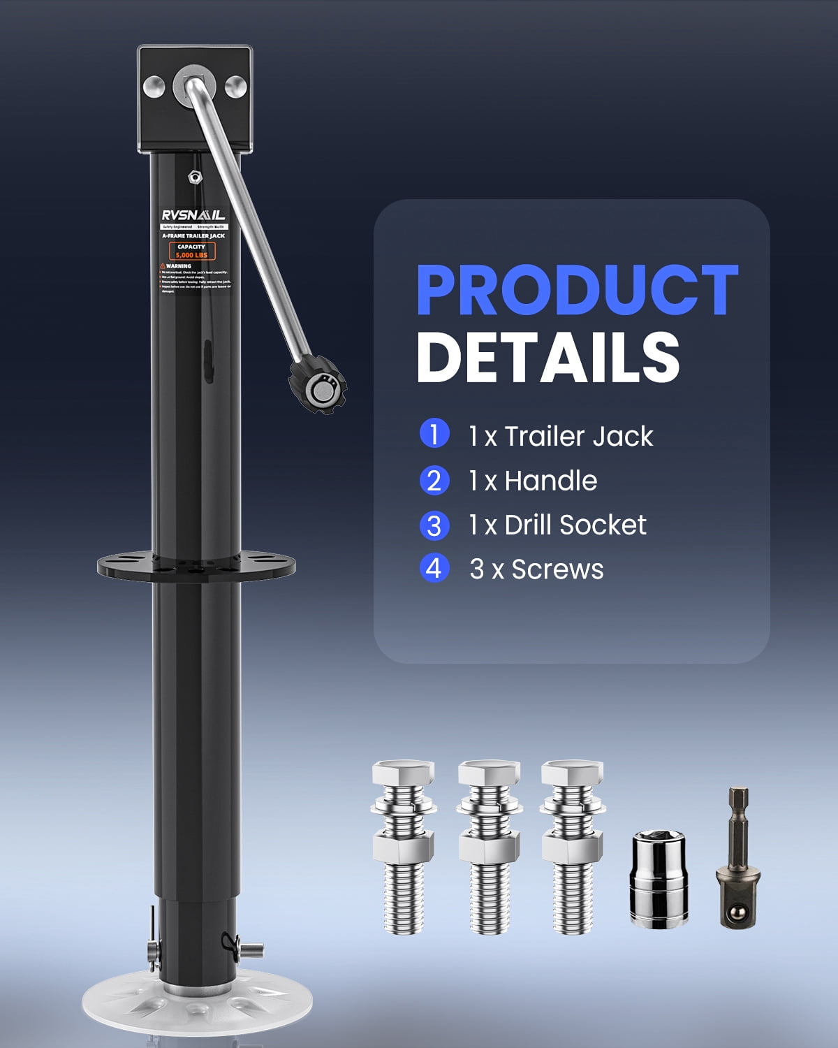 5000 lbs Heavy Duty Trailer Jack, 23" Lift, 20-24V Cordless Drill Compatible, for RV, Boat, Yacht & Utility Trailers, with Manual Crank Handle & Weatherproof Cover, Black