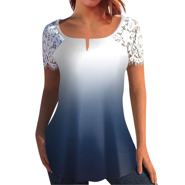 Mujeres Tops Casual verano encaje manga corta Split cuello túnica impresa camisetas camisetas Tops OAVQHLG3B Store lin121212