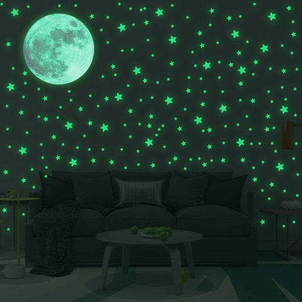 Pegatinas de estrellas que brillan en la oscuridad para techos y paredes - Pack de 3 calcomanías luminosas de PVC, 28cm & 20cm & 17cm, verde, fácil de pelar y pegar, decoración del cielo nocturno