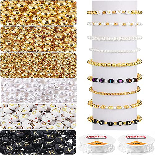 1800Pcs Jewelry Beads Making Set Silver & Gold Round Spacer Beads 3 Sizes Smooth Loose Ball Beads Alphabet Pearls Beads and 2 Rolls Elastic String for DIY Craft Making Supplies 