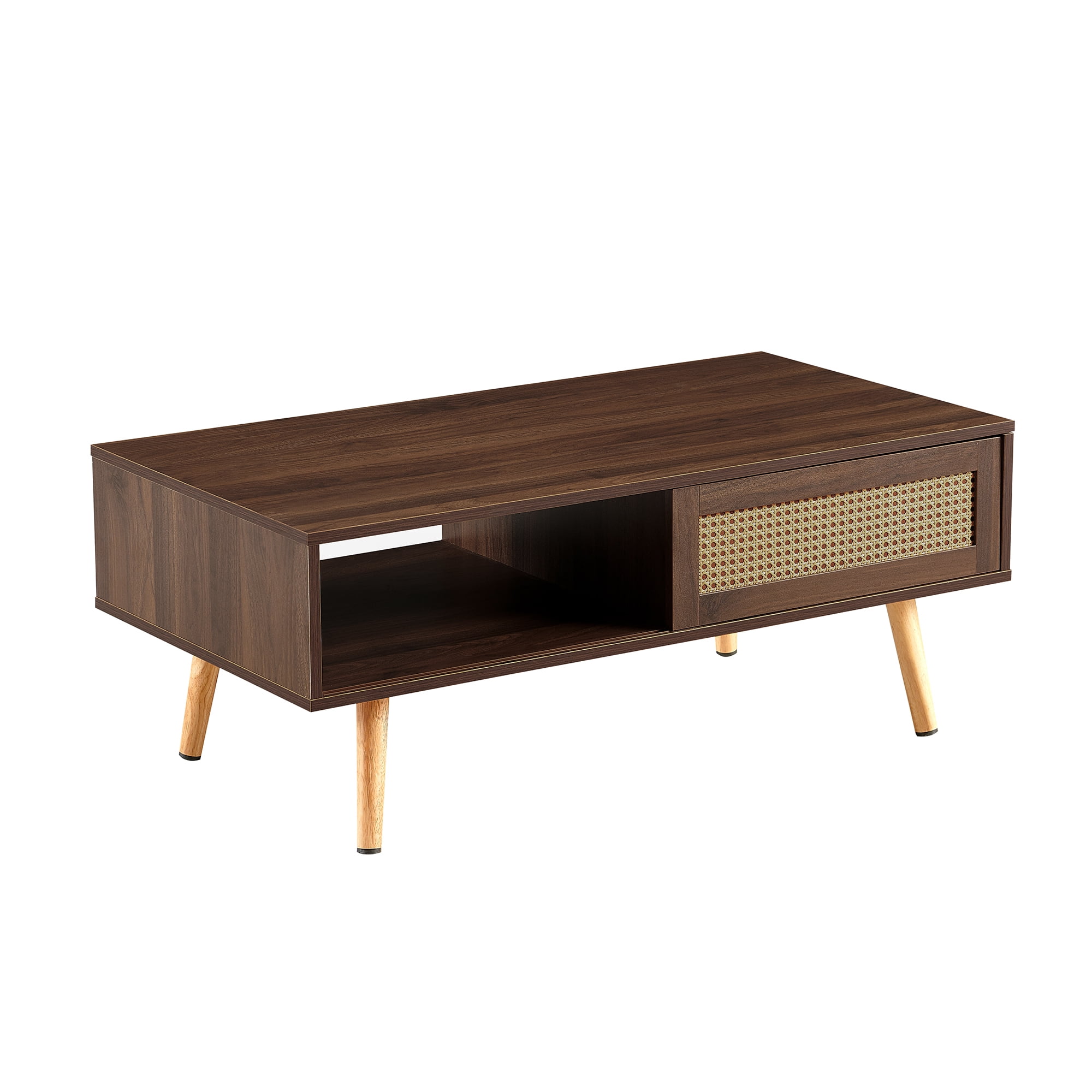 Coffee Table, Living Room Table, Storage Coffee Table with PE Rattan Finish Sliding Door Storage Compartment Solid Wood Legs Adjustable Feet, Walnut
