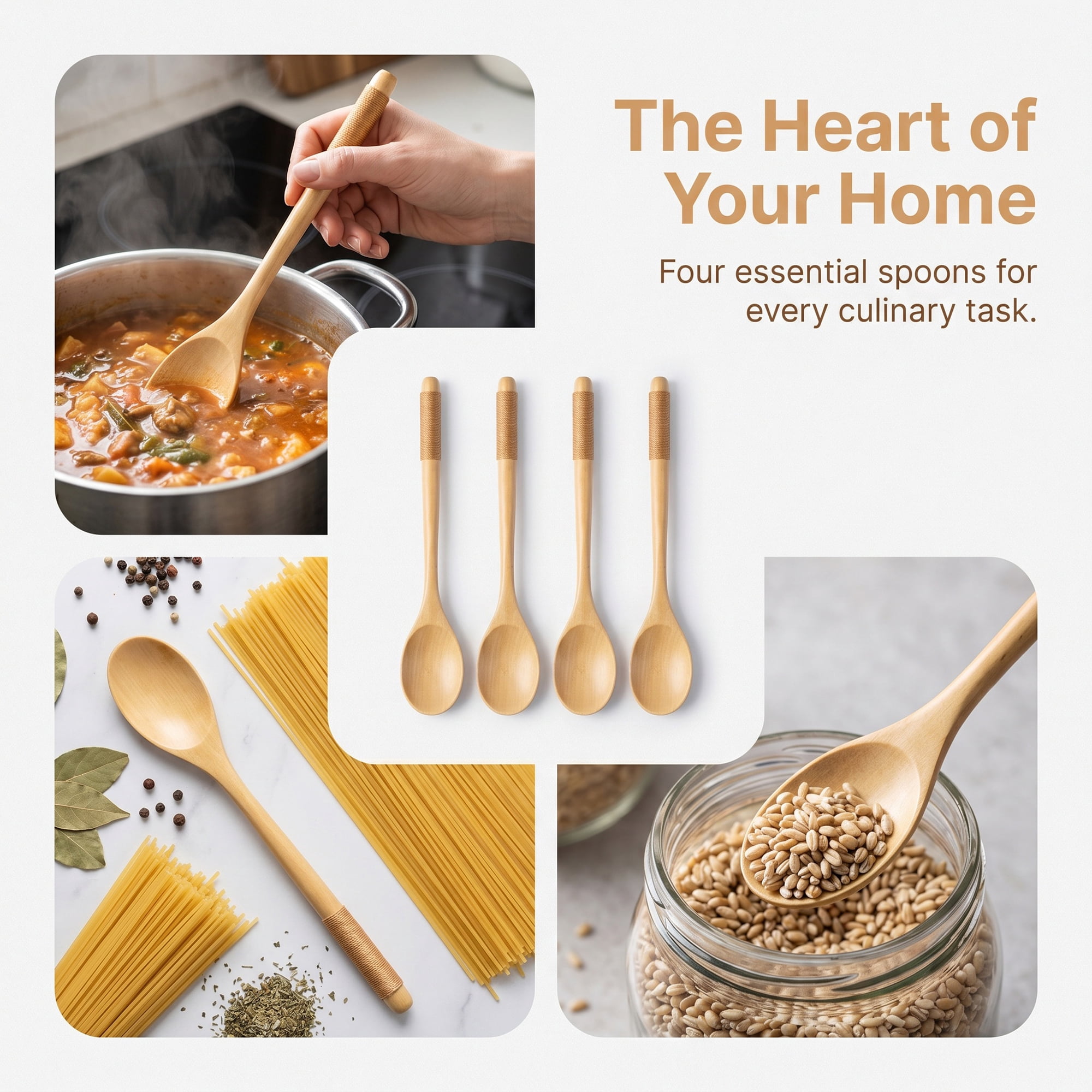 Unique Bargains Wood Non Stick Cookware Kitchen Utensils Set Natural B 4Pcs