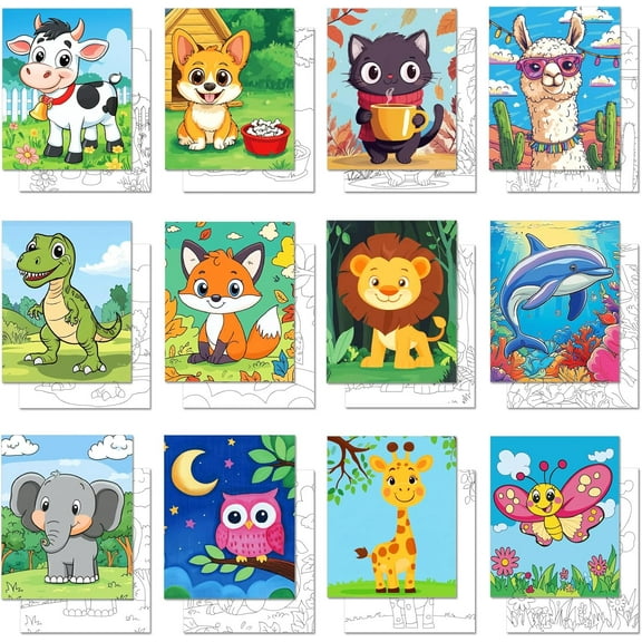 12 Pcs Pre Drawn Canvas to Paint for Boys Girls 8 X 10 Inch Pre Printed Canvases for Painting Prepare Stretched Canvas Outline Painting Boards for Paint Party Favor Supplies (Animals) Colorful