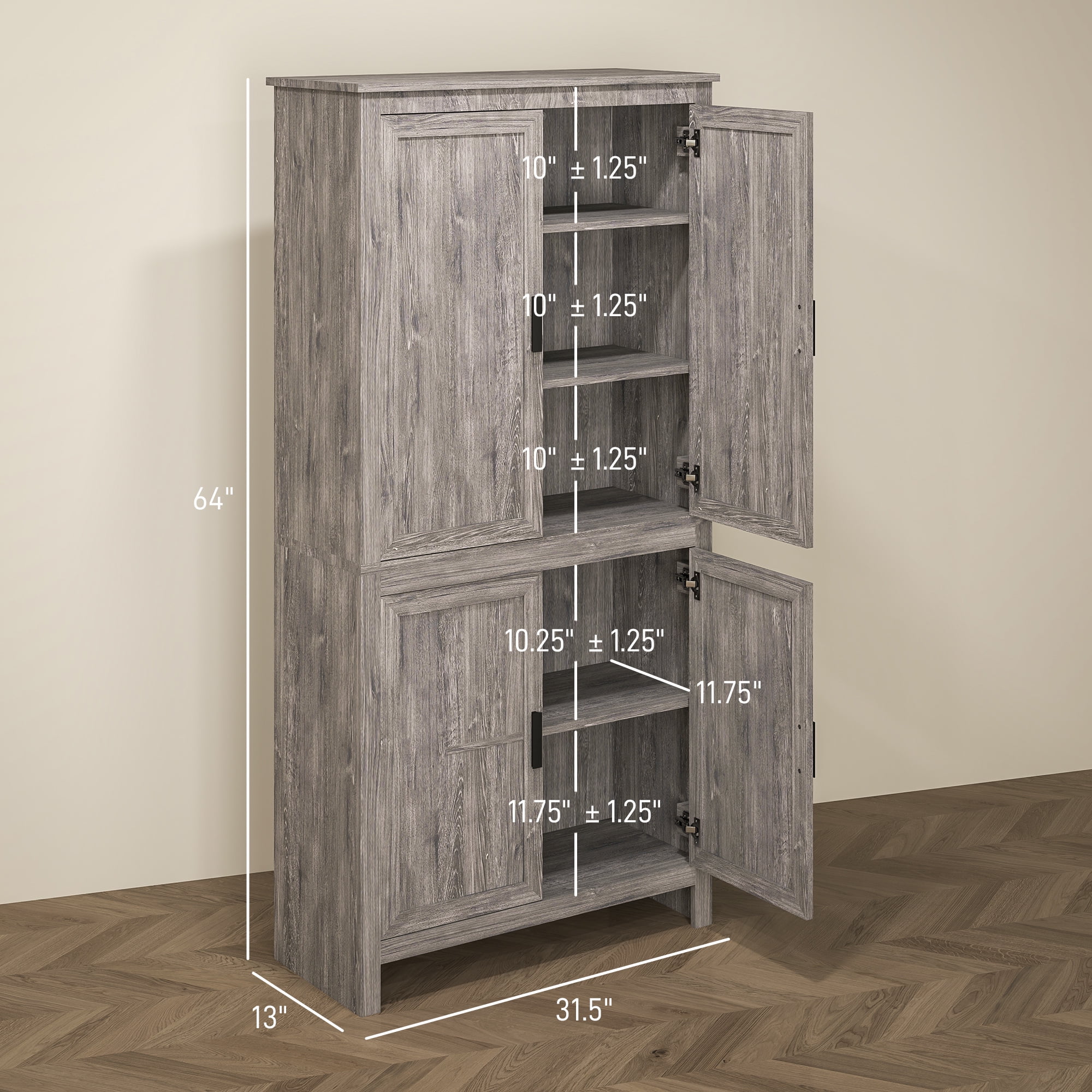 HOMCOM 64" 4-Door Kitchen Pantry, Freestanding Storage Cabinet with 3 Adjustable Shelves for Kitchen, Dining or Living Room, Gray Oak