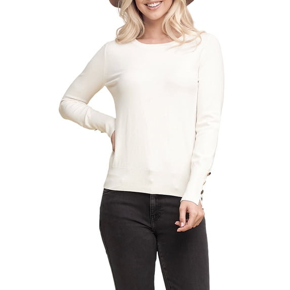 Doublju Women's Round Neck Long Sleeve Soft Knit Pullover Sweater with Sleeve Buttons