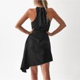 thumbnail image 3 of Vestido corto de satén de verano para mujer, sin mangas, cuello halter, dobladillo irregular, volantes, mini vestido de noche para fiesta, boda, fecha, 3 of 7