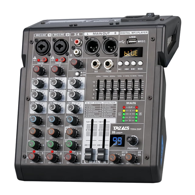 Mezclador de audio TKLBLS de 4 canales con DSP de 99 bits, ecualizador de 7 bandas y MP3