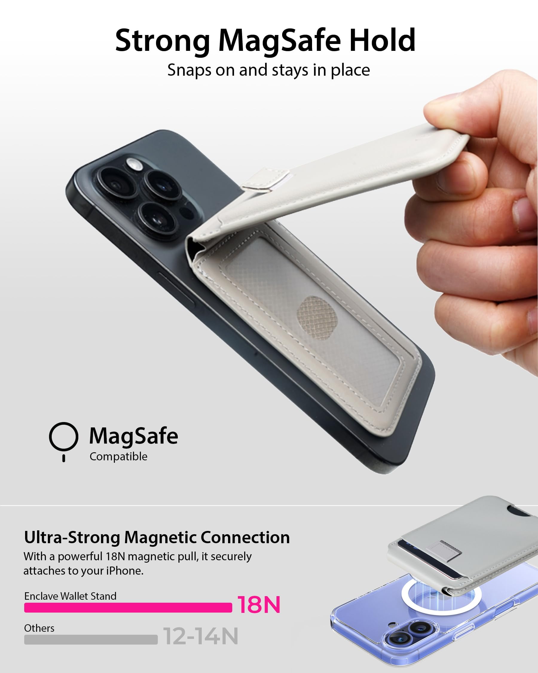 Upcommon Enclave Wallet Stand with Pull-tab for iPhone 17/16/15/14/13/12, MagSafe Compatible, Magnetic Card Holder, Adjustable Stand, RFID Blocking, Microfiber Leather (Pull-tab, Gray, 5 Card Hold)