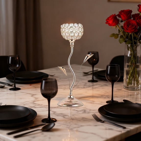 Valentine's Day Rose Candlestick Luxury Rose Shaped Crystal Glass Candle Holder - Brass Frame & Marble Base, Creative Art Candle Stick for Romantic Home Tabletop Decor & Party Setup