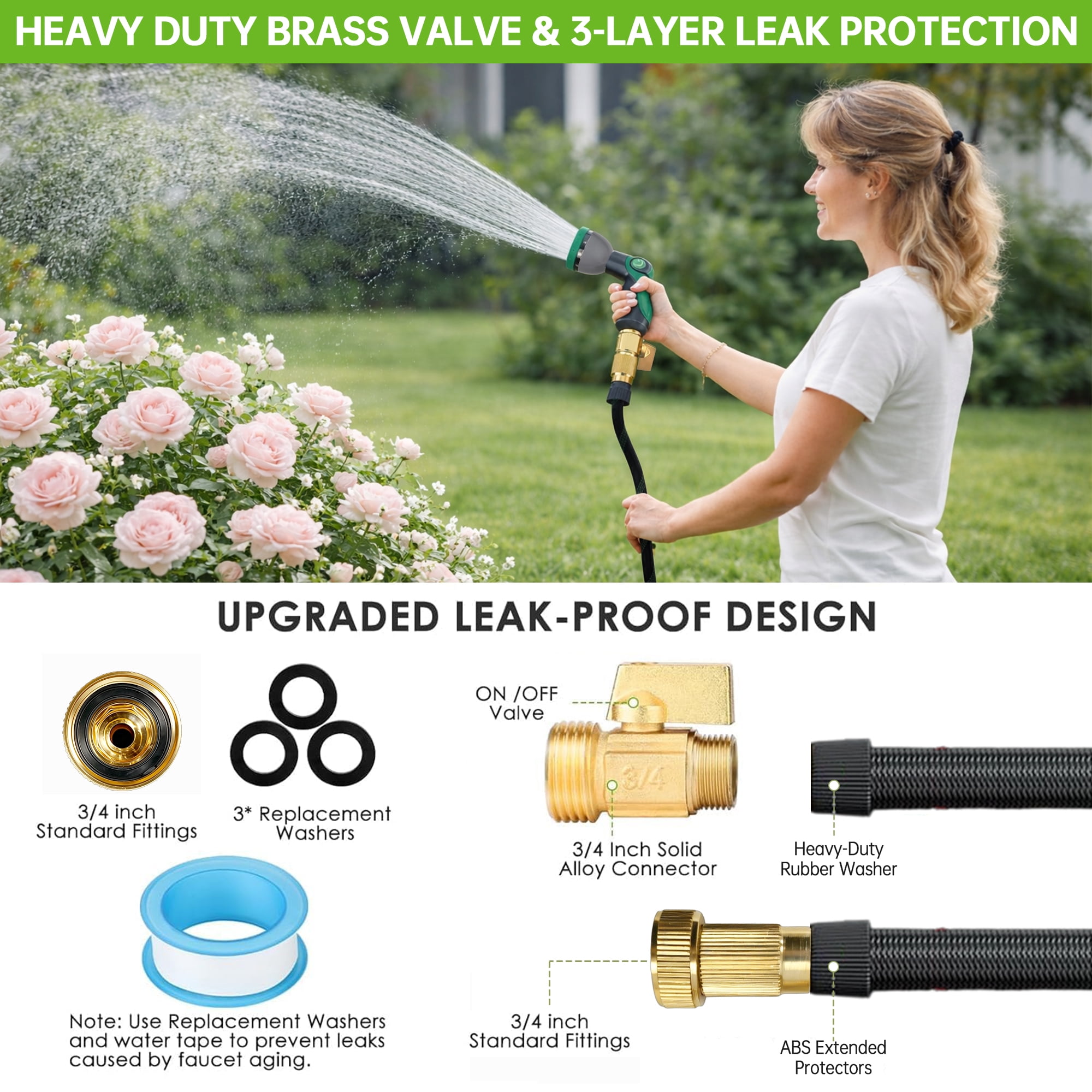 50FT Non-Expanding Heavy-Duty Garden Hose, Reinforced PVC & Polyester, 3/4-Inch Brass Connectors, Durable & Burst-Resistant, with 10-Function Nozzle