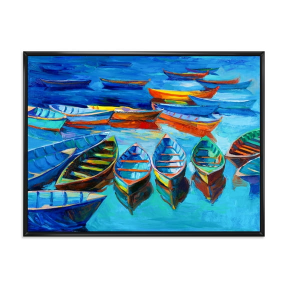 Little Boats Wating In The Blue Harbour 20 in x 12 in Framed Painting Canvas Art Print, by Designart