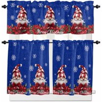 Christmas Gnomes Kitchen Curtains and Valances Set, Rod Pocket Curtains Tier Farmhouse Window Curtains 36 Inch Length, Red Poinsettia Xmas Snowflake Blue 3 Piece Kitchen Curtains Set
