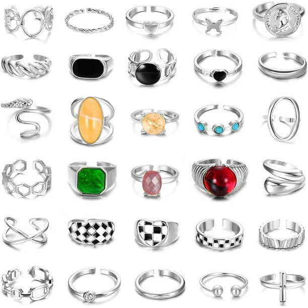 30 anillos gruesos de oro de 18 quilates para mujer, anillos chapados en oro, anillos de sello trenzados gruesos, anillos midi apilables para nudillos, conjuntos de anillos abiertos ajustables